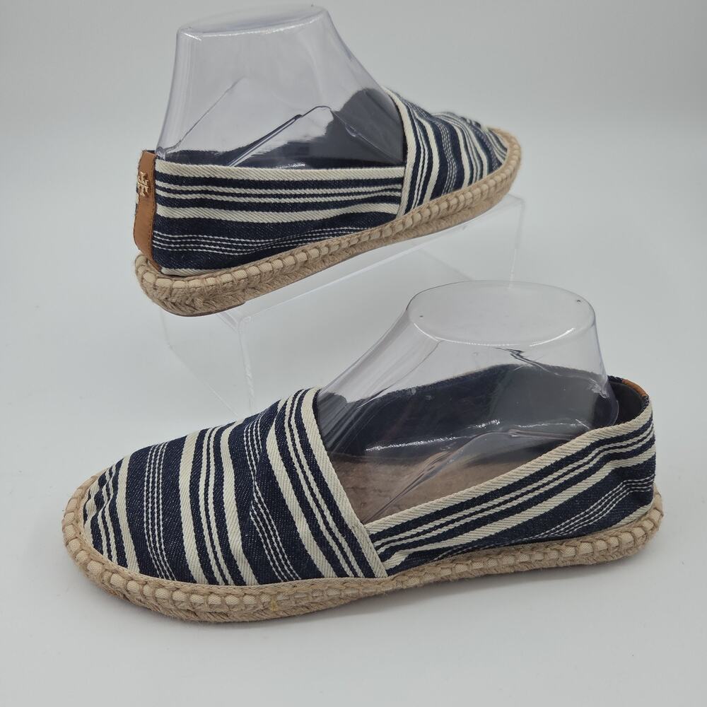Tory Burch Espadrille Flats 9 Navy White Stripe Canvas Slip On Coastal Preppy‎
